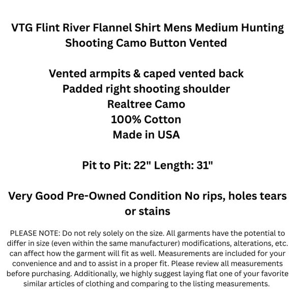 VTG Flint River Flannel Shirt Mens Medium Hunting Shooting Camo Button Vented - Picture 2 of 15